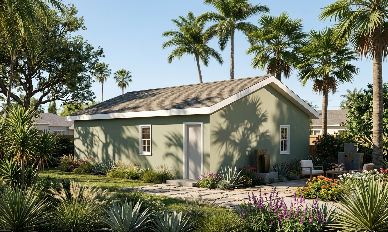 The Calabasas exterior render, a 2-bedroom ADU with a traditional gable roof and desert landscaping