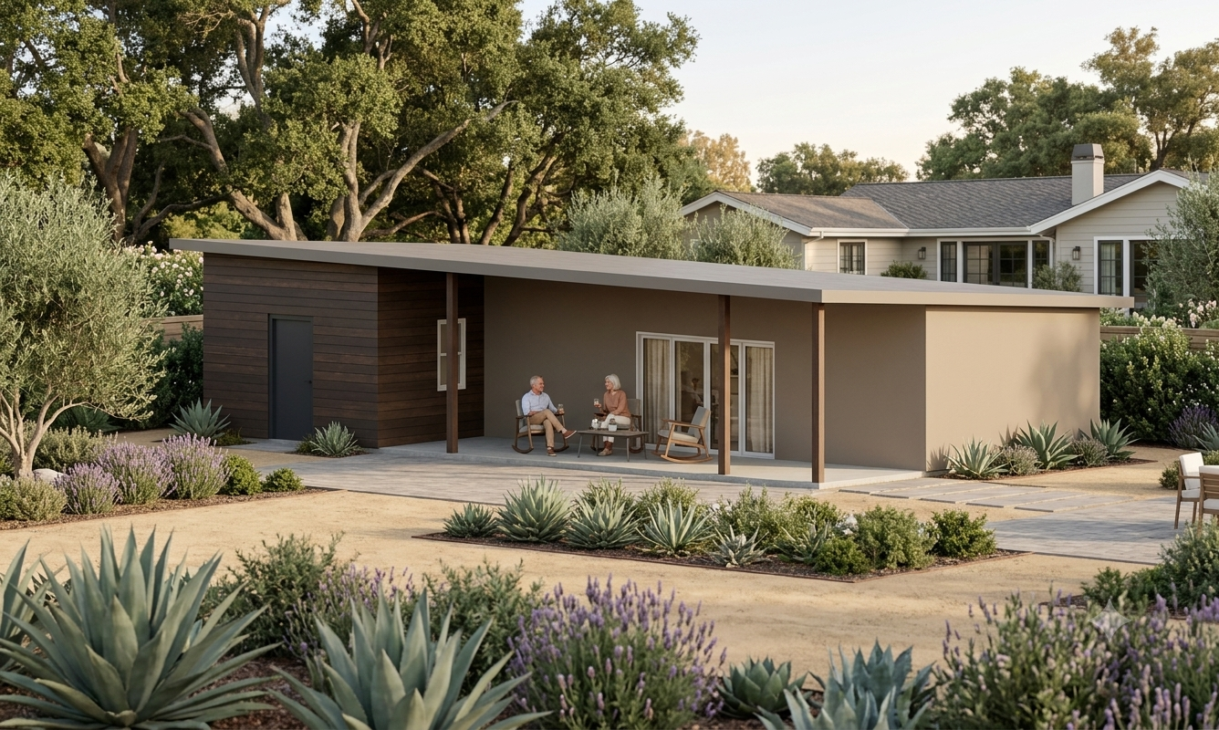The Encino exterior render, showing the finished ADU with a covered patio and desert landscaping