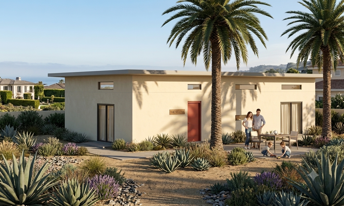 The Neutra exterior render, showing the finished ADU with a covered patio and coastal desert landscaping