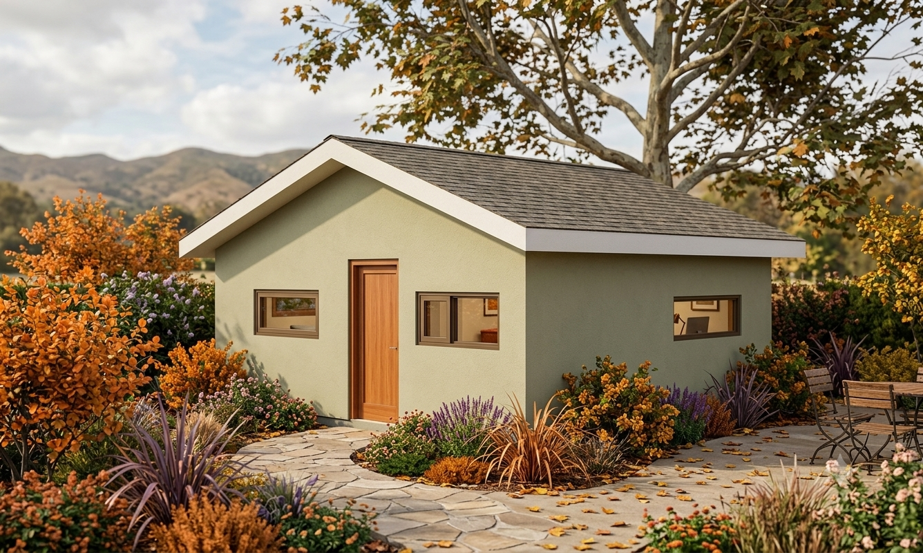 The Ojai exterior render, showing the finished ADU with classic stucco and a traditional gable roof