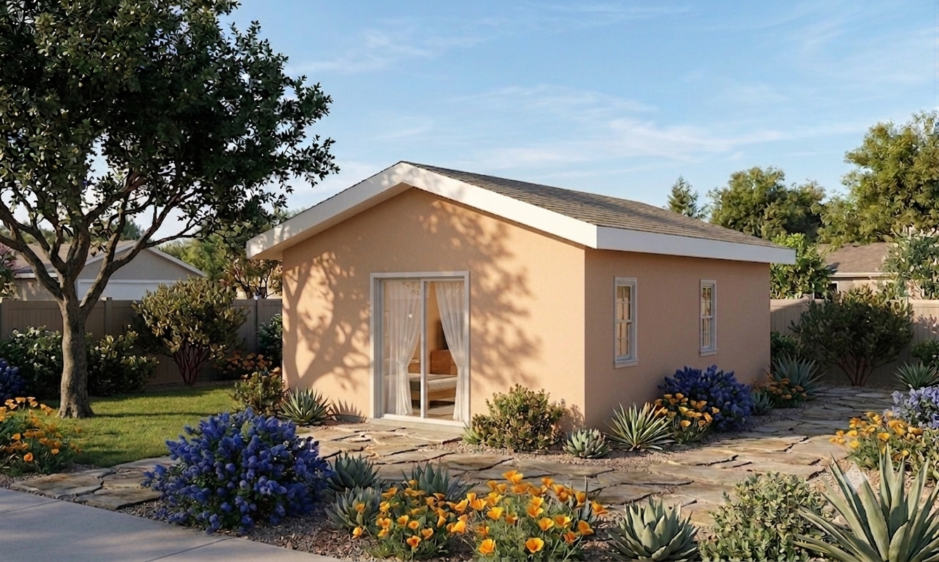 The Rincon exterior render, a luxury studio ADU with a traditional gable roof