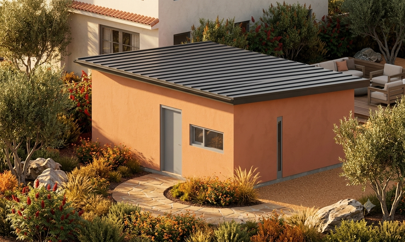The Solvang exterior render, showing the finished 2-bedroom ADU with a shed roof