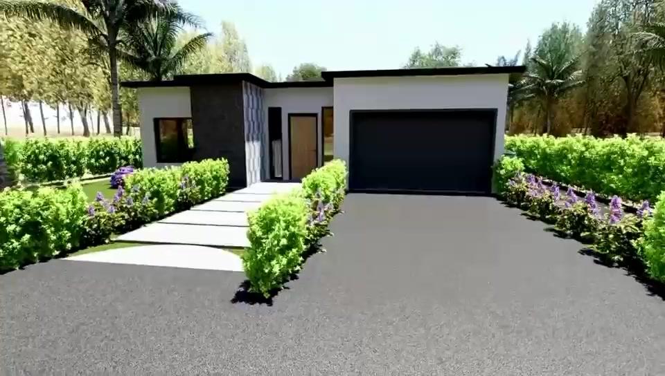 Still frame from a 3D walkthrough render of a finished ADU exterior and driveway